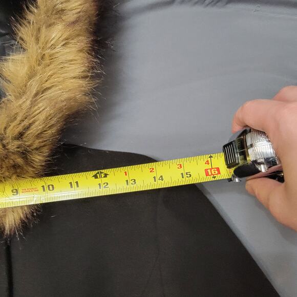 Black Faux Fur Hooded Coat with Gold Crest Buttons by d.e.t.a.i.l.s Intl - Picture 9 of 16